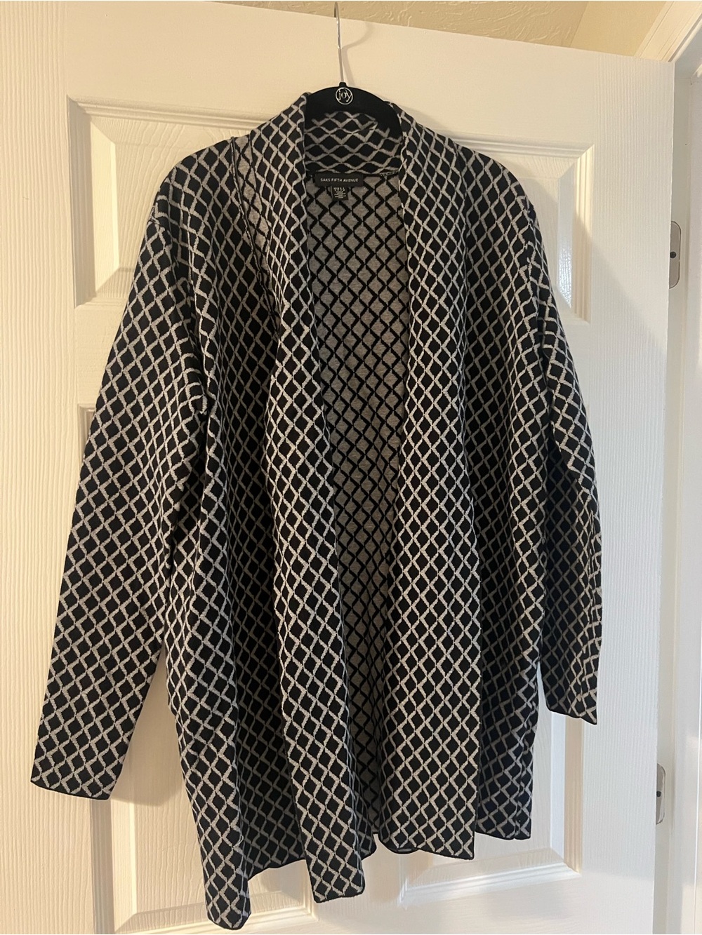 Saks Fifth Avenue Black and Cream Open-Front Geometric Cardigan